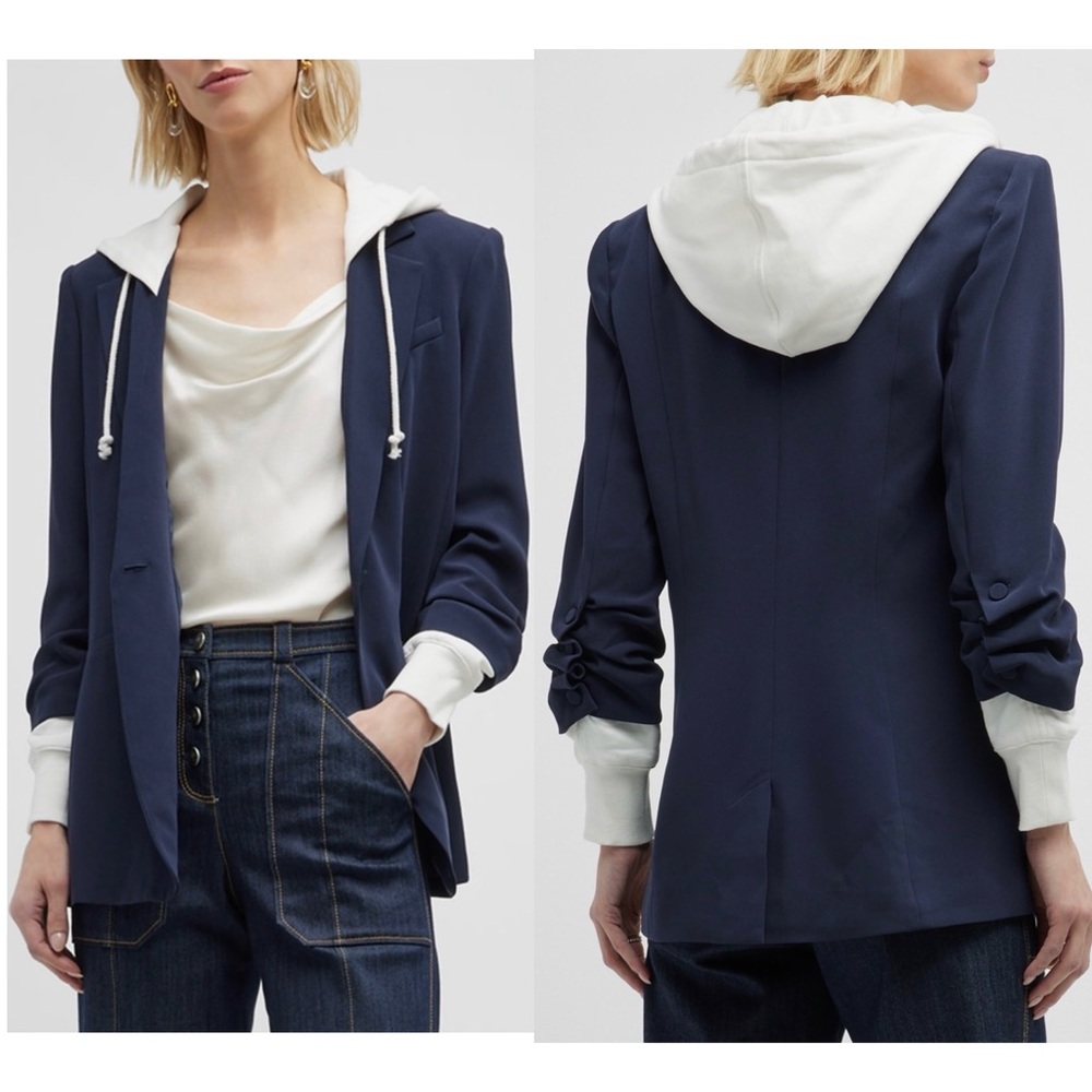 Cinq a Sept Women’s Hooded Relaxed Fit Navy Blue and White Khloe Blazer Jacket - Picture 9 of 15